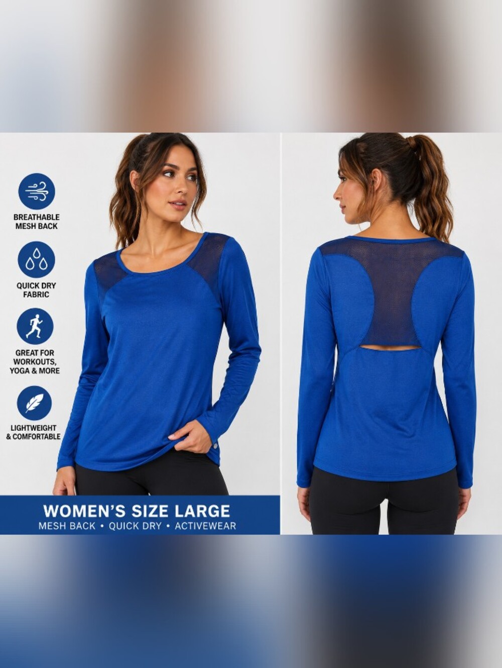 layer 8 blue mesh back quick dry long sleeve athletic top women’s large